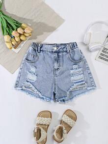 Short en jean pour adolescentes, nouvelle arrivée d'été, style Y2K, short en jean d'été pour petites filles, nouveau produit, lavage vintage délavé et déchiré, polyvalent à la mode, coupe assortie, tissu en jean confortable, convient pour les festivals de musique, les vacances d'été, les sorties, les fêtes - Jean clair - Voir 4