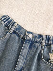 Pantaloncini di jeans consumati per ragazze adolescenti, nuovi arrivi estivi leggeri, jeans di media lavatura vintage, design casual alla moda da strada per vacanze, modello semplice di base con orlo sfilacciato, vita elastica, jeans strappati, tessuto di jeans in cotone morbido e confortevole, adatti per uso quotidiano, raduni, feste, scuola, pendolarismo, nuova collezione primavera/estate - Blu lavato medio - Visualizzare 6