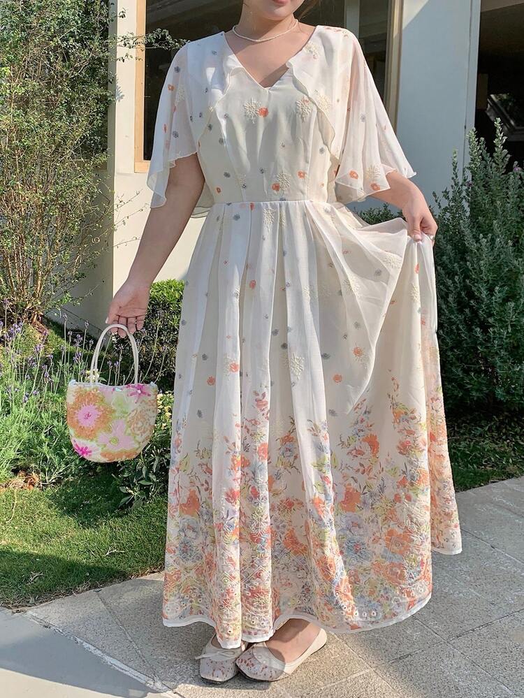 Dazy Plus Floral Embroidered Elegant Vacation Style Ruffle Sleeve Waist Cinched Plus Size Women Dress, Spring/Summer Sundress Boho
