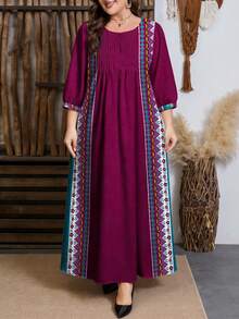 SHEIN Najma 大码女式几何花卉复古印花圆领褶裥腰部摆裙中长连衣裙，春季 - 彩色 - 查看 5