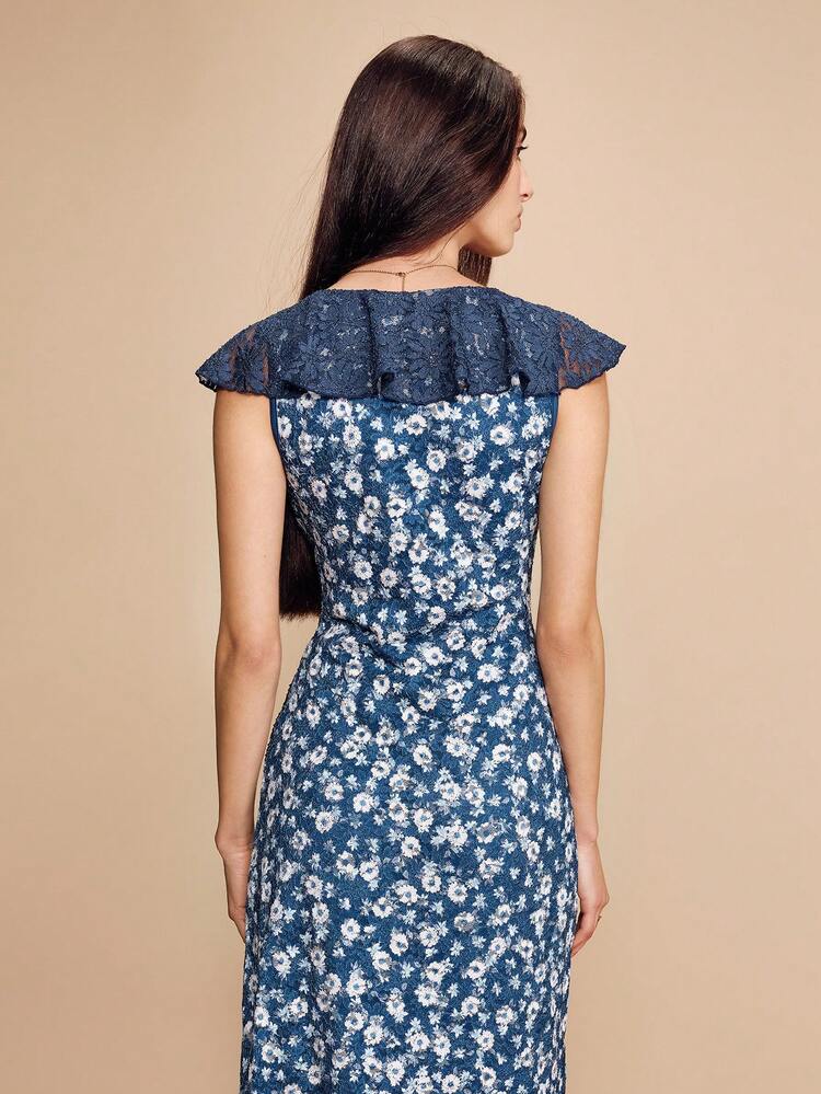Navy Floral Print Lace Midi Dress With Ruffled Crossover Neckline Chic Style French Style Parisian Style Blue Flower Dress Blue Midi Dress Summer Dresses For Women French Style Dress