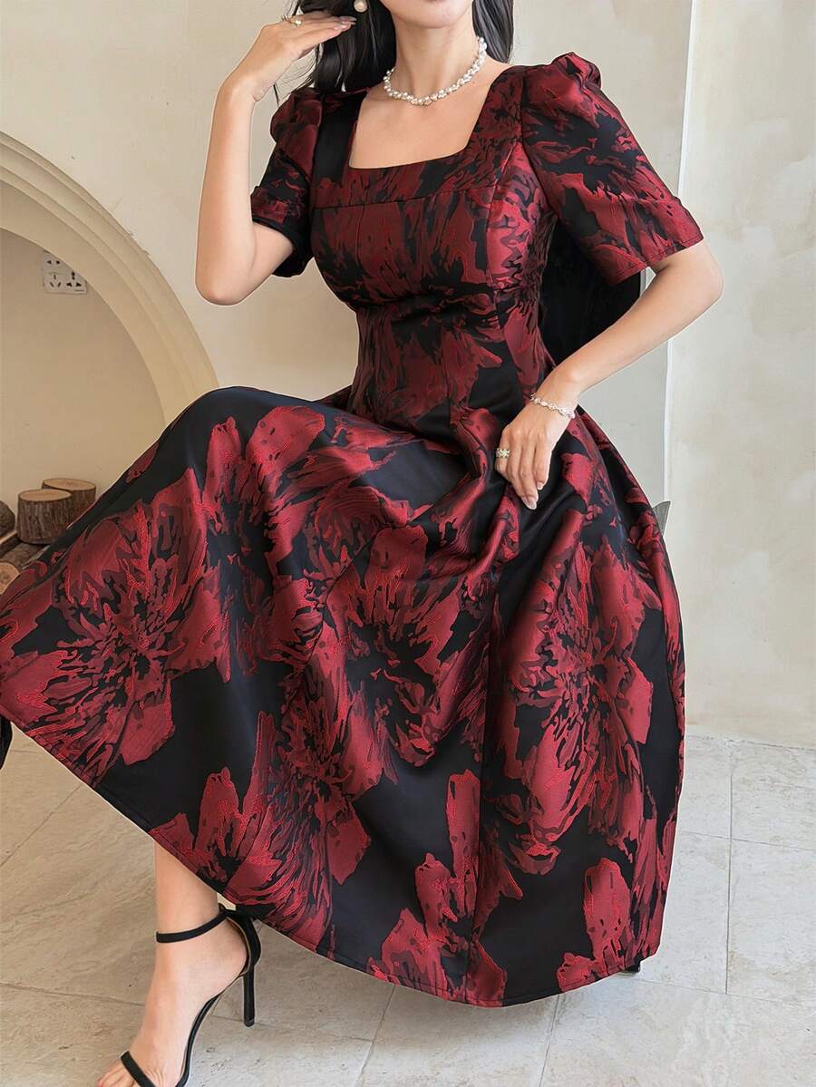 DAZY Floral Print Square Neck Puff Sleeve Midi Dress For Women Spring Wedding Guest Dress Summer Sundress - Red - View 1