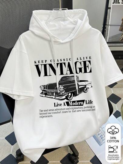 Resyla 女士连帽短袖T恤，复古汽车图案印花，休闲宽松短袖上衣