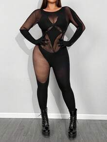 Whyspr Plus Size Women's Sexy Punk Dark Style Mesh Long Sleeve Jumpsuit - Black - View 1