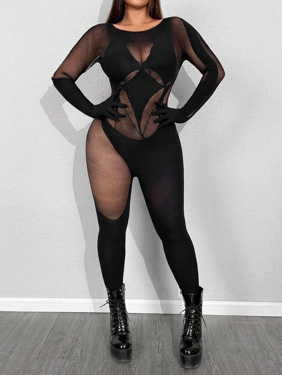Whyspr Plus Size Women's Sexy Punk Dark Style Mesh Long Sleeve Jumpsuit - Black - View 1