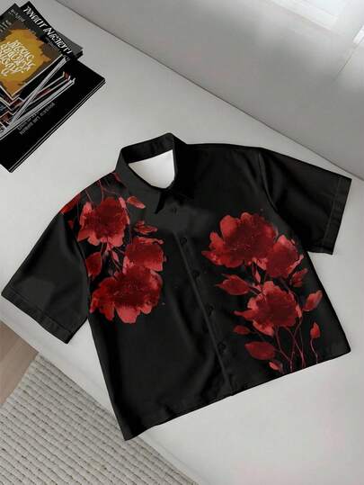 StoneGrade 男士休闲印花短袖衬衫，前开襟纽扣设计，夏季款