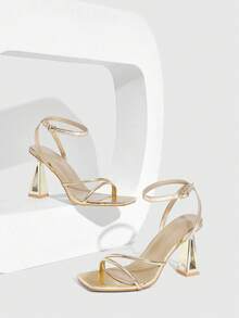 CUCCOO SZL Women's Square Toe Metal Asymmetric High Heel Sandals, Gold Thin Strap Ankle Strap, Fashion Sexy Party Nightclub High Heel Open Toe Strap Heeled Sandals Valentine's Day - Gold - View 4