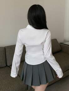 Joudiya Ladies' Simple Solid Color Daily Long Sleeve Shirt,Long Sleeve Tops,Fall Clothes - White - View 4