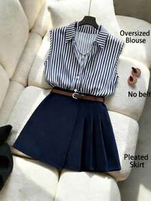 Franclia Women's Striped Shirt And Asymmetric Ruffle Skirt Pants, Elegant 2-Piece Suit Set - Navy Blue - View 1