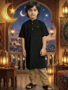 SHEIN Tween Boy Letter Patched Pocket Half Button Shirt & Drawstring Waist Pants Sets - Black - View 10