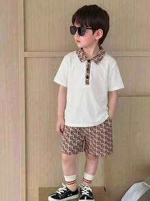 SHEIN 2pcs/Set Young Boys Casual Comfortable Retro College Pattern Full Print Shorts & White Short Sleeve Polo,Summer,School,Back-To-School Fashion Outfit - White - View 11