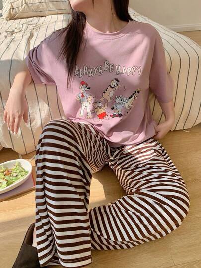 Dazy Plus 2件套可爱印花宽松短袖上衣和条纹长裤睡衣套装，春夏款