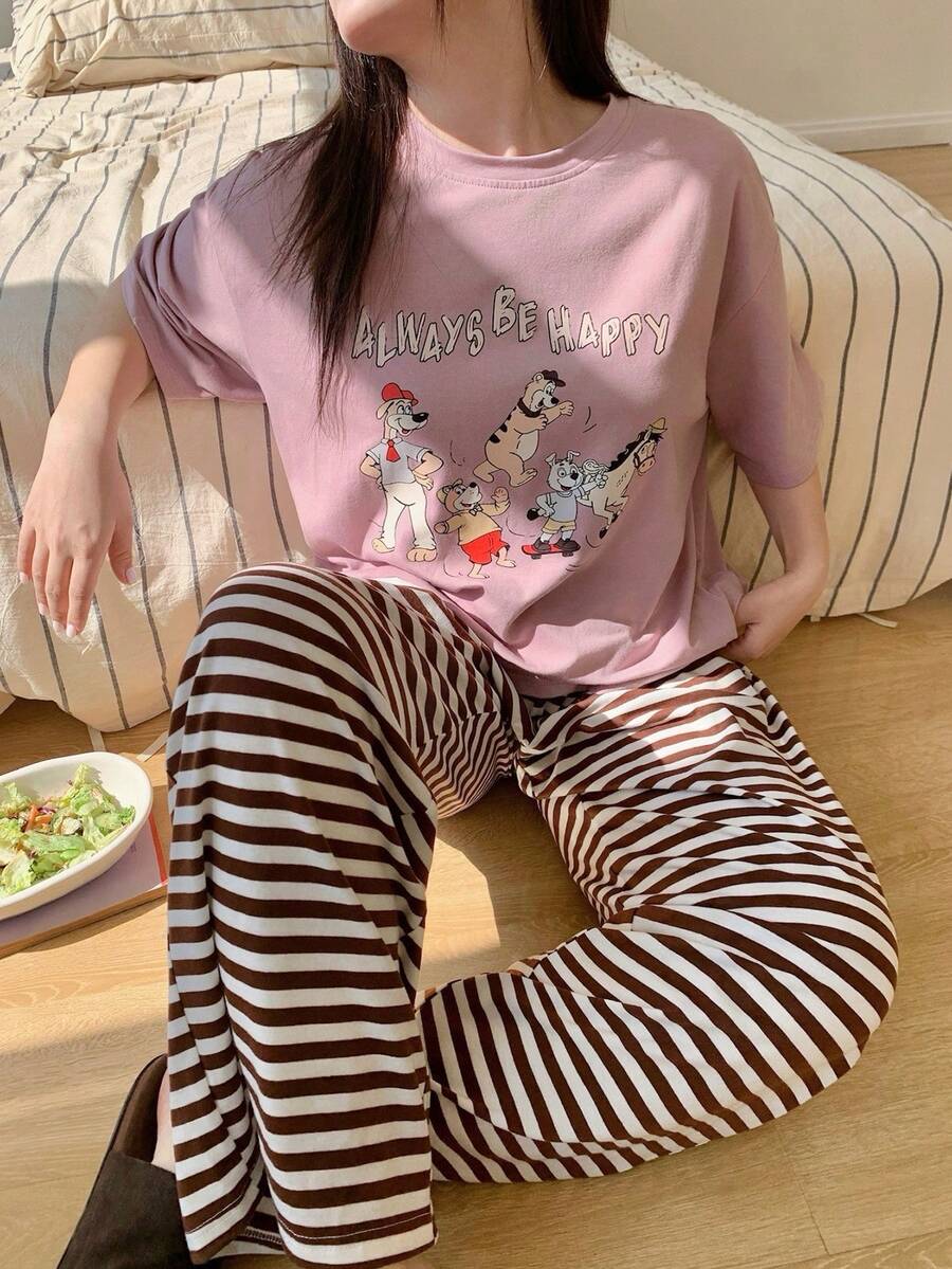 Dazy Plus 2件套可爱印花宽松短袖上衣和条纹长裤睡衣套装，春夏款 - 粉色 - 查看 1