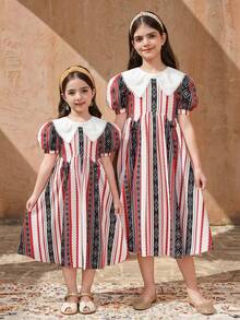 SHEIN 少女夏季假日几何条纹印花撞色泡泡袖收腰连衣裙 - 白色 - 查看 2
