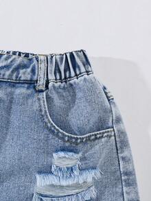 Short en jean pour adolescentes, nouvelle arrivée d'été, style Y2K, short en jean d'été pour petites filles, nouveau produit, lavage vintage délavé et déchiré, polyvalent à la mode, coupe assortie, tissu en jean confortable, convient pour les festivals de musique, les vacances d'été, les sorties, les fêtes - Jean clair - Voir 5