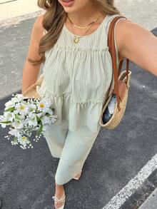 Lounesse Plus Size 2 Pieces Set Women Striped Ruffle Hem Design Casual Everyday Commute Outfit, Plus Size Wide Leg Pants Set Pants Two Piece Set Summer Pant Set Comfortable Two Piece Set Spring/Summer Casual Outfit Sets For Women, Summer Outfits - Apricot - View 3