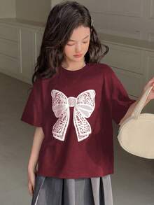 Dazy Kids Tween Girl Round Neck Knit Short Sleeve Bowknot & Floral Print T-Shirt, Spring/Summer - Red - View 3