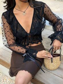 Sunnyshic 女士夏季薄纱荷叶边V领系带衬衫 - 黑色 - 查看 4