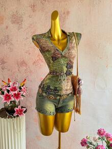 Sunnyshic 女士休闲度假优雅佩斯利印花波西米亚风V领短袖修身T恤，日常百搭 - 彩色 - 查看 1