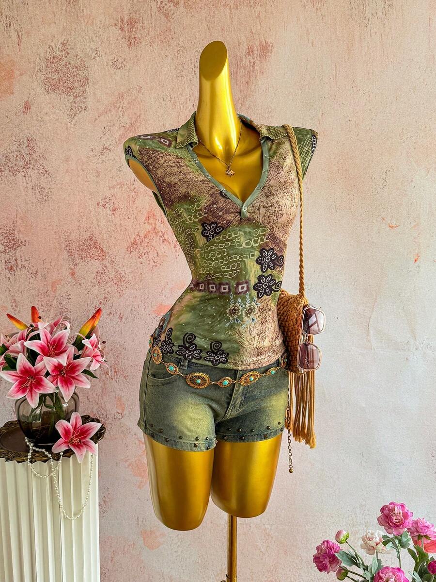 Sunnyshic Áo thun nữ dáng ôm eo, cổ chữ V, tay ngắn, họa tiết paisley thanh lịch, thích hợp cho kỳ nghỉ, mang phong cách bohemian, đa năng cho mặc hàng ngày. - Nhiều màu - Xem 1