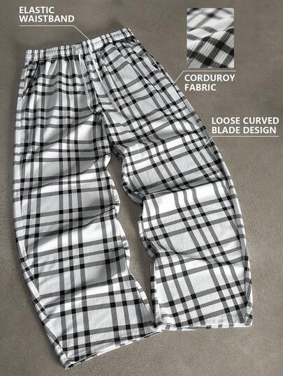 Manfinity EMRG Men's Fashion Street Curved Knife Loose Fit Corduroy Checkered Drawstring Elastic Waist Pants