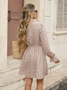 Pariaura Damen Rüschen Taille Karomini-Kleid, klassisches kariertes süßes Lässig-Kleid, geeignet für Dates und Ausflüge - Kaffeebraun - Übersicht 2