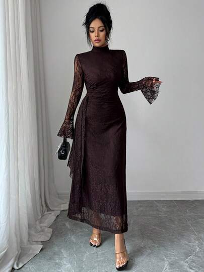 SHEIN Elenzya Women's New Coffee Color Knitted Lace Collar Long Sleeve Flare Sleeve High Waist Ruched Mermaid Hem A-Line Asymmetrical Sash Long Dress, Elegant High-End Courtly Style Suitable For Evening Party, Daily Wear In Autumn/Winter