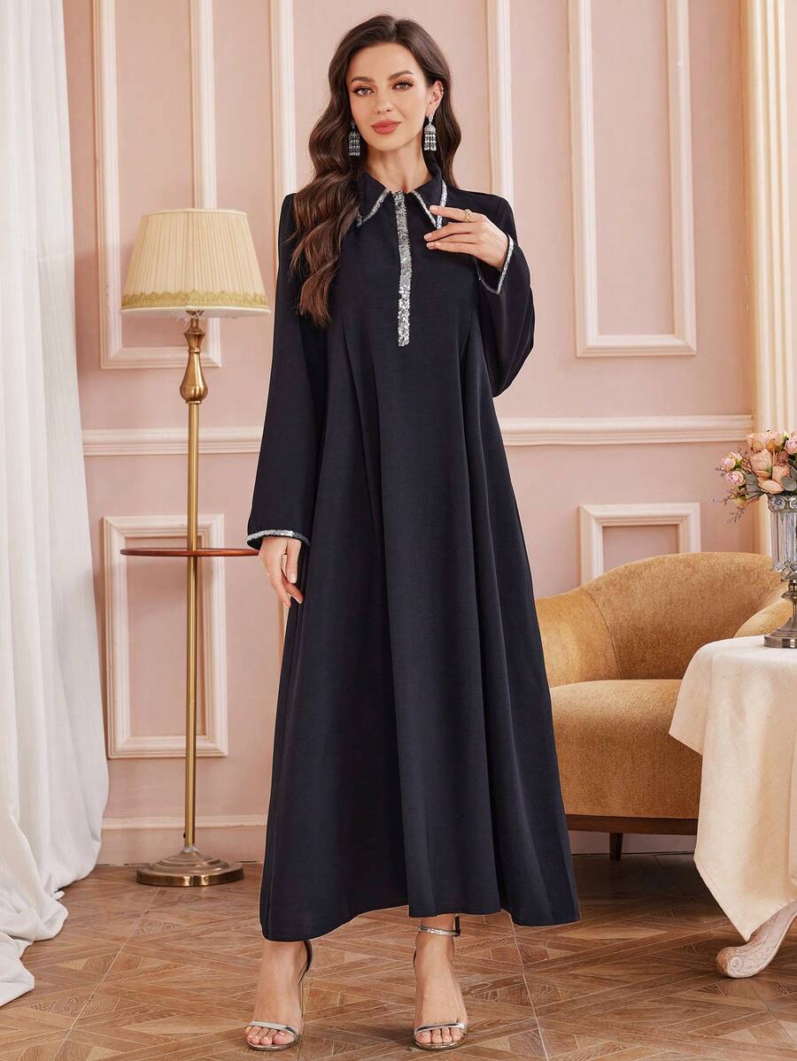 Al Najma 女士时尚休闲亮片拼接灯笼袖宽松阿拉伯风格连衣裙 - 黑色 - 查看 1