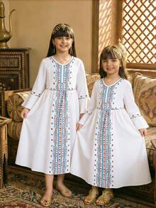 Young Girl' Traditional Cute Minimalist Round Neck Long Sleeve Pleated Dress, Suitable For Holidays, Spring/Summer - White - View 7