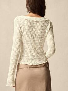 SoleilVie 女士优雅时尚荷叶边门襟系带浅杏色蕾丝T恤上衣，喇叭袖设计，2025秋冬新年感恩节新款 - 杏色 - 查看 2