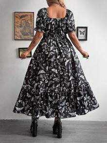 Whyspr Plus Size Women Butterfly & Skull Print Waist Cinched Puff Sleeve Party Dress - Multicolor - View 2