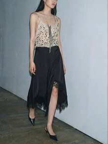 Maija Valentine's Day Wedding Guest For Women Birthday Women's Black Contrast Lace Asymmetric Hem Elegant & Fashionable Skirt Asymmetrical Skirt Black Skirt Spring - Multicolor - View 2