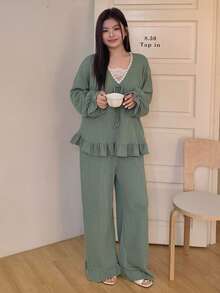Dazy Plus 撞色蕾丝喇叭袖休闲长袖上衣搭配宽松长裤大码女式睡衣套装，春秋季 - 綠色 - 查看 7