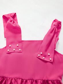 SHEIN 一件少女优雅绉纱连衣裙，配有可拆卸串珠蝴蝶结肩带和贴身腰带，适合休闲、派对和假日穿着。 - 玫紅色 - 查看 5