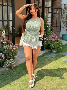 SHEIN EZwear Áo kiểu nữ cỡ lớn màu xanh lá cây kẻ caro không tay, kiểu dáng thường ngày. - Màu xanh chanh - Xem 4