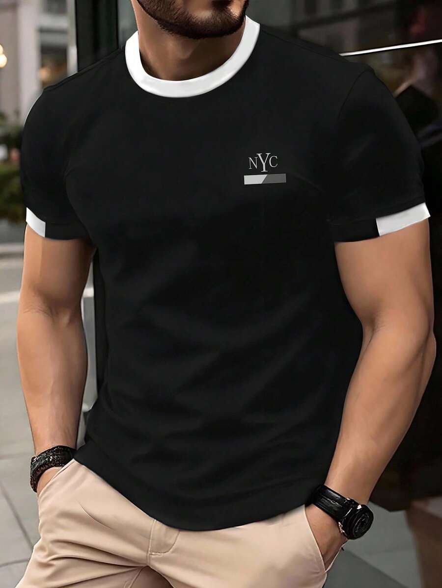 Manfinity Homme Men's Casual Contrast Trim Short Sleeve T-Shirt, Summer Mens Designer Tshirt - Multicolor - View 1