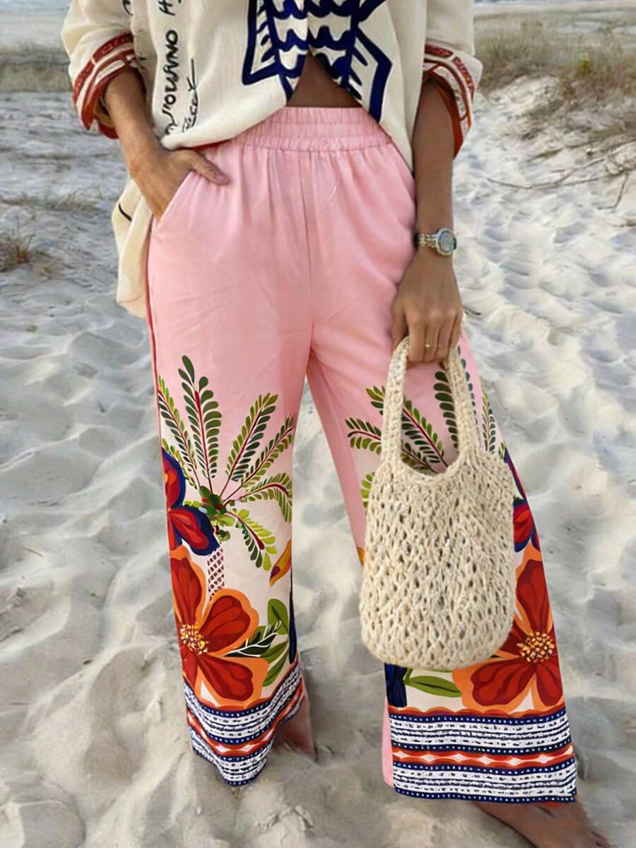 Vaclyn Women's Tropical Vacation Palm Tree Print Loose Straight Wide Leg Pants - Pink - View 1