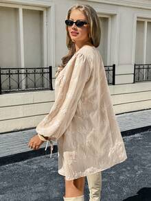 Lounesse Plus Size Women Floral Embroidery Knot Design Casual Everyday Dress With Lantern Sleeves Beige Dress Long Sleeve Summer Dresses French Style Dress Cottagecore Dress Spring Outfit Women Spring Dress For Women - White - View 7