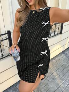 Lounesse 加大码春季优雅修身无袖圆领连衣裙，饰有蝴蝶结和侧开衩 - 黑色 - 查看 4