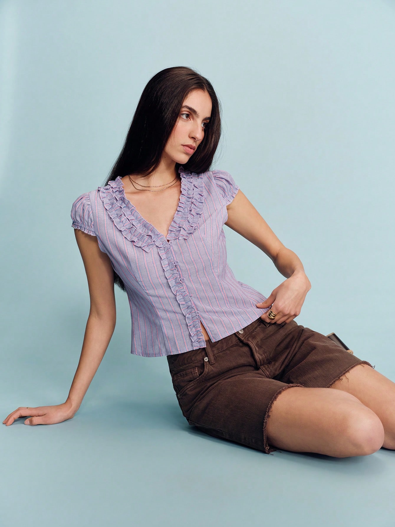 Lilac Striped Fitted Blouse With Ruffled V Neck Button Front And Puff Short Sleeves Cute Vintage Spring Summer French Style Parisian Style Women's Blouses For Summer Summer Shirts Woman Button Up Top