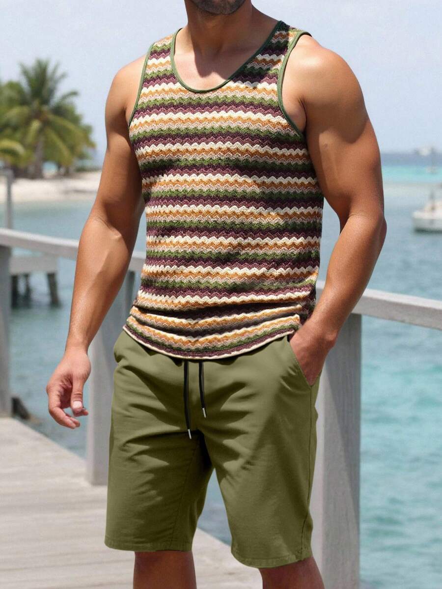 VENTUSAIL Men's Olive Green 2 Pieces Set,Textured Tank Top & Drawstring Shorts,Summer Vacation Holiday Boho Beach Wear,Sleeveless Outfits,Old Money Cancun Style - Multicolor - View 1