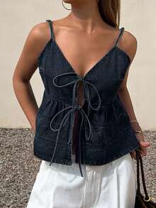DAZY Women's Summer Tie-Up Casual Vacation Style Camisole Washed Denim Vest - Dark Wash - View 3