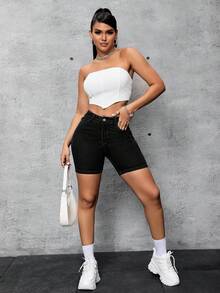 Flexra Quần short denim skinny tối giản túi xéo thời trang mùa hè dành cho nữ. - màu đen - Xem 7