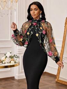 SHEIN Lady 女士花卉刺绣网纱灯笼袖立领修身连衣裙，鱼尾下摆 - 彩色 - 查看 6