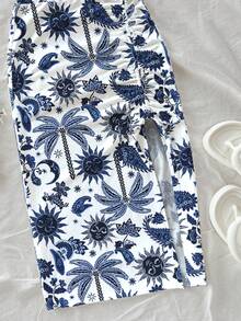 Soleia 2pcs/Set Casual Vacation Style Navy Blue Sun God Palm Tree Hand-Painted Pattern Full Print Women Tank Top And Printed Skirt, Suitable For Spring/Summer Spring - Multicolor - View 4