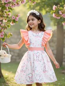 SHEIN 女童休闲碎花连衣裙，配可拆卸大蝴蝶结，春夏款 - 彩色 - 查看 4