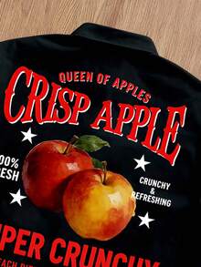 Manfinity Joysei 男士休闲苹果字母印花短袖黑色衬衫，时尚百搭，适合夏季街头、度假和日常通勤 - 黑色 - 查看 3