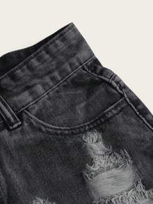 Breezaya Women's Pocketed Button Distressed Frayed Hem Casual Everyday Denim Shorts - Black and White - View 5