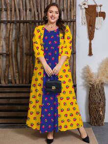 SHEIN Najma Plus Size Women's Floral & Botanical Digital Print Colorblock Round Neck Pleated Design Waist Flared Midi Dress, Spring - Multicolor - View 3