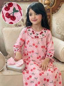SHEIN Đầm dài tay cổ tròn in hình hoa anh đào cho bé gái - Hồng - Xem 14